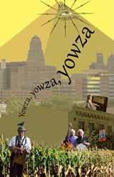 Jazzbugs poster featuring Dr. Jazz as a scarecrow in front of a field of corn in which the rest of the band is standing. Behind them, Nietzsches, with Ann Philippone playing piano on the roof, is superimposed on the Buffalo skyline with the Great Pyramid at Giza looming behind
