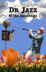 Jazzbugs poster featuring Dr. Jazz standing in a field of tulips, shooting one out of his clarinet toward the WJAZ microphone in the foreground. A strange bird with the body of a loon and the head of a jay watches